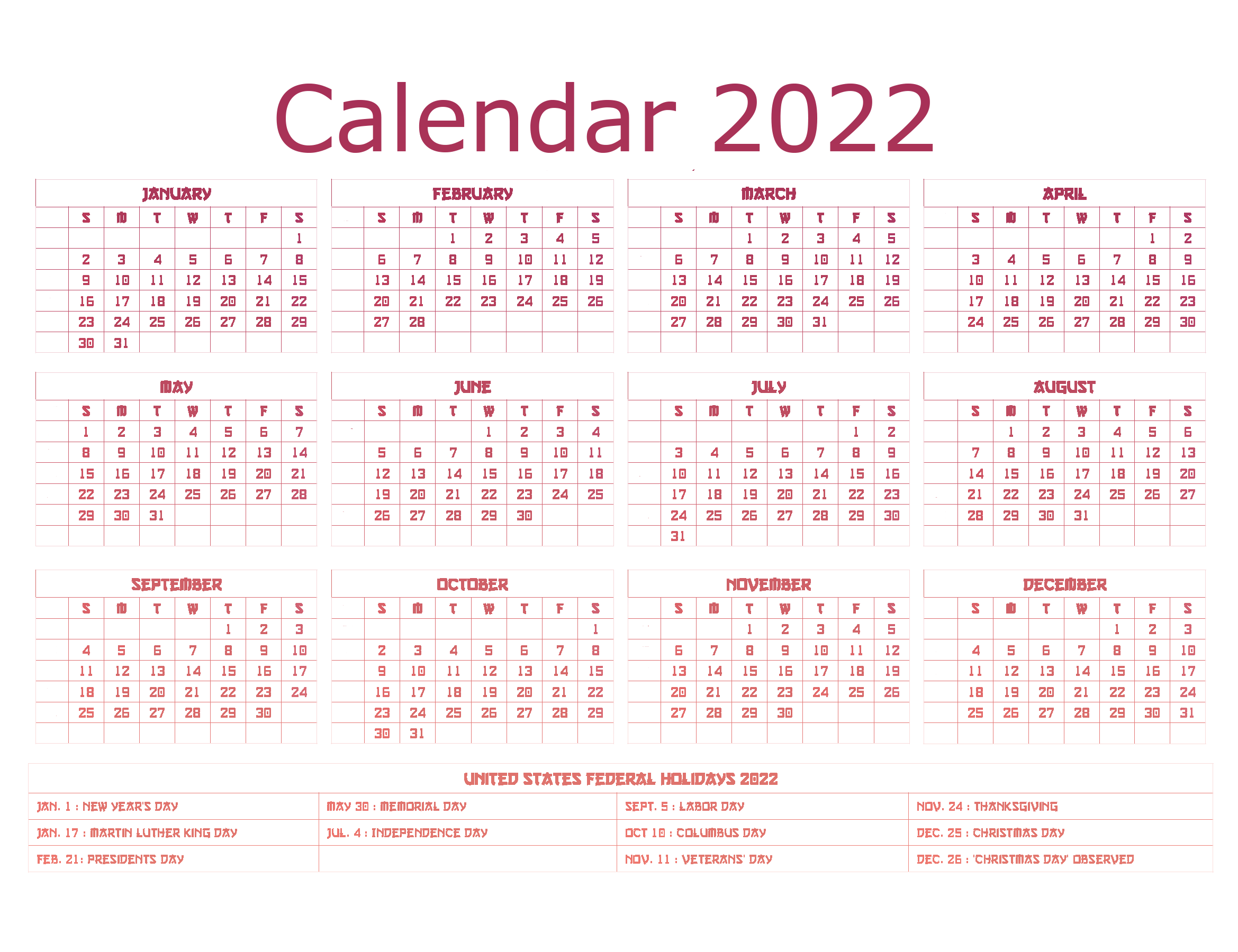 Calendar 2022 Year Download HQ Transparent PNG Image